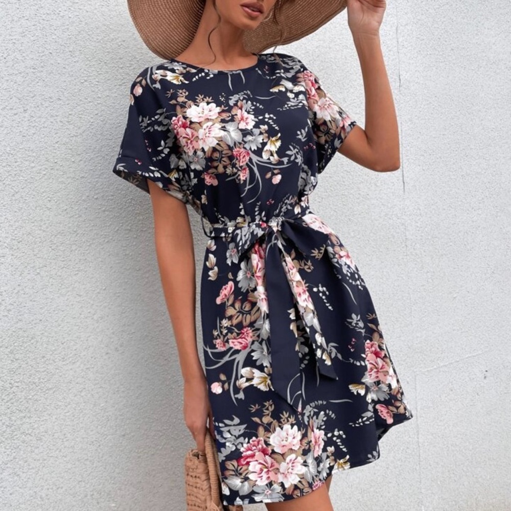 Blush Pink & Navy Blue Floral Midi Sundress with Dolman Sleeves - Picture 3 of 6
